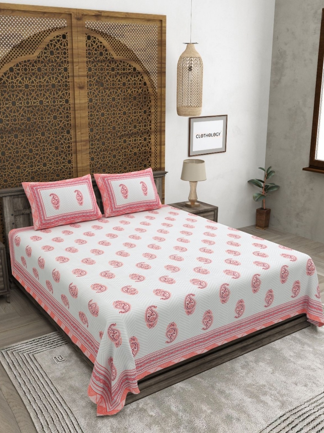 

CLOTHOLOGY Pink & White Ethnic Motifs 180 TC Pure Cotton King Bedsheet Set-2.75 m x 2.25 m