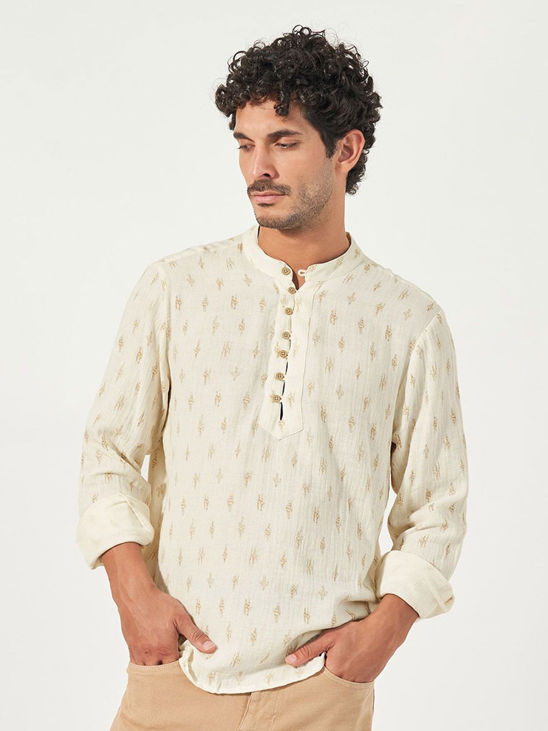 

Styli Men Band Collar Conversational Printed Cotton Relaxed Fit Casual Shirt, Cream