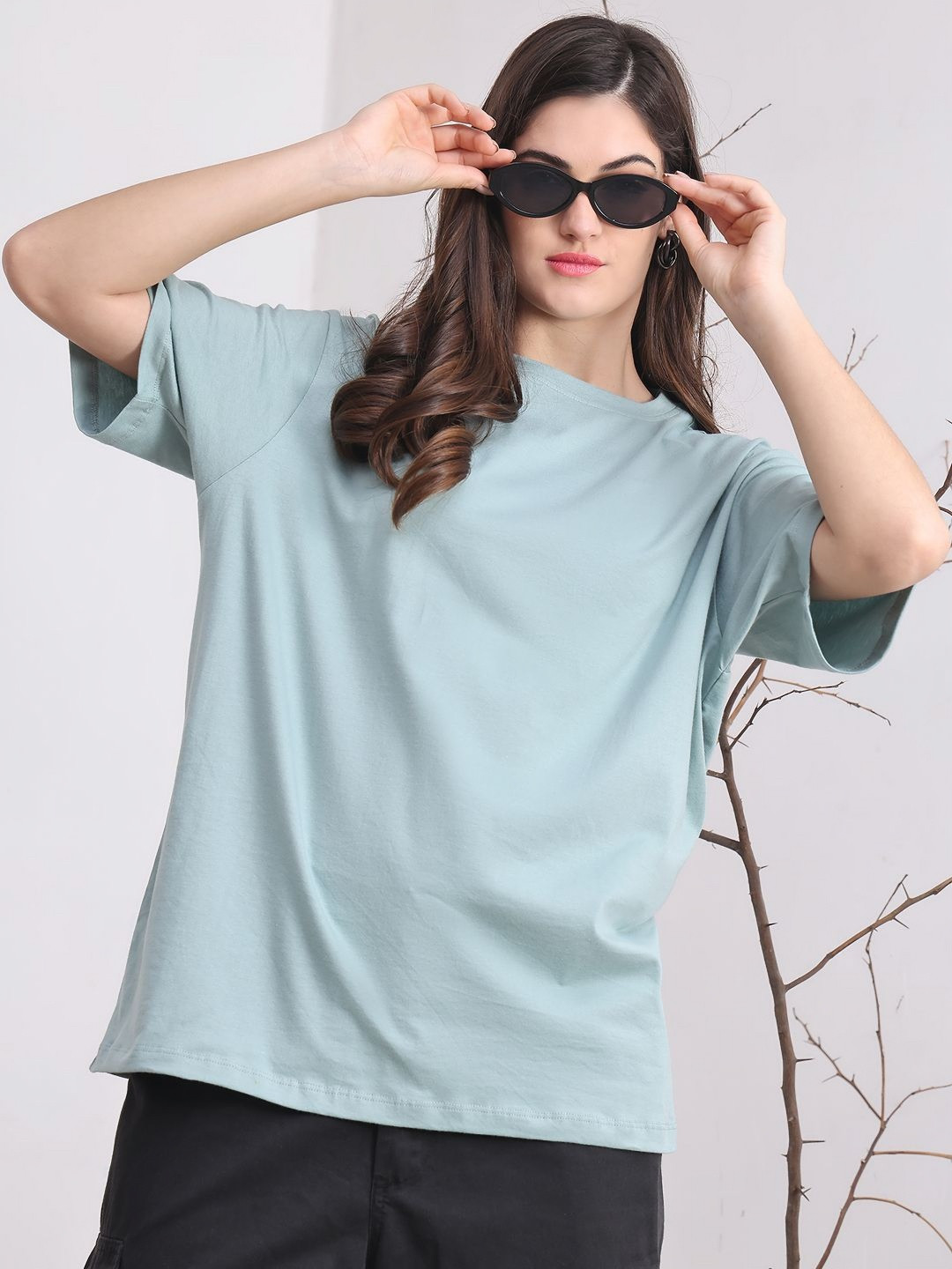 

DOOR74 Women Drop-Shoulder Sleeves T-shirt, Teal