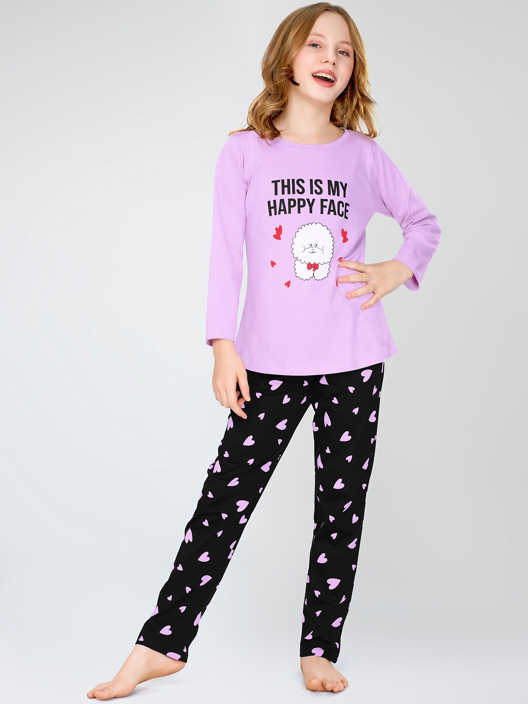 

Zeyo Girls Graphic Print Pure Cotton Night suit, Pink