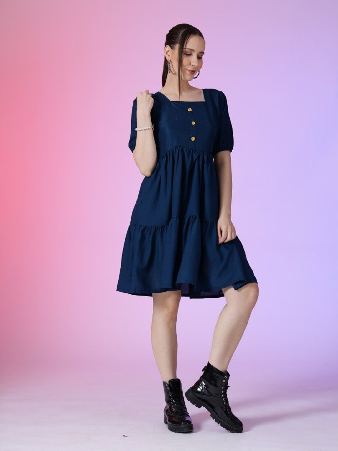 

Femvy Square Neck Fit & Flare Dress, Navy blue