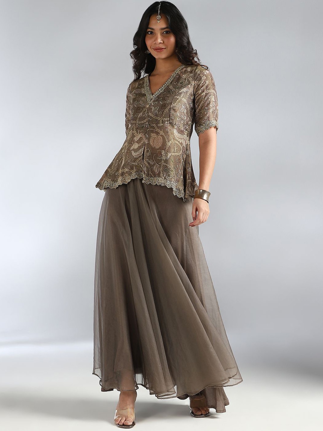 

House Of Dharaa Women Printed Regular Kurti with Palazzos, Grey