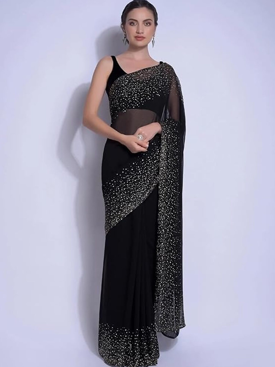 

SWADESI STUFF Beads and Stones Pure Georgette Saree, Black