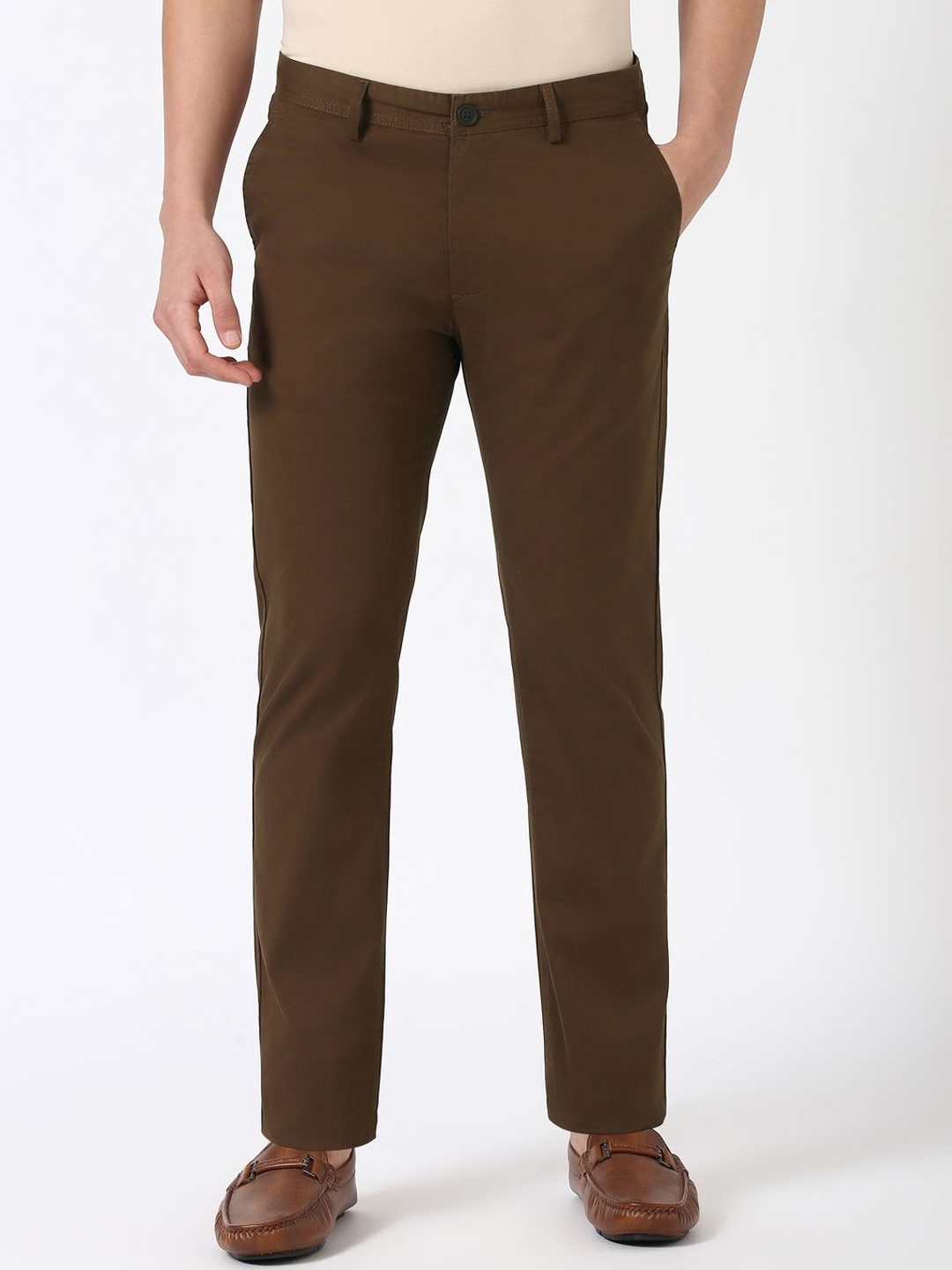 

Peter England Casuals Men Cotton Super Slim Fit Trousers, Brown