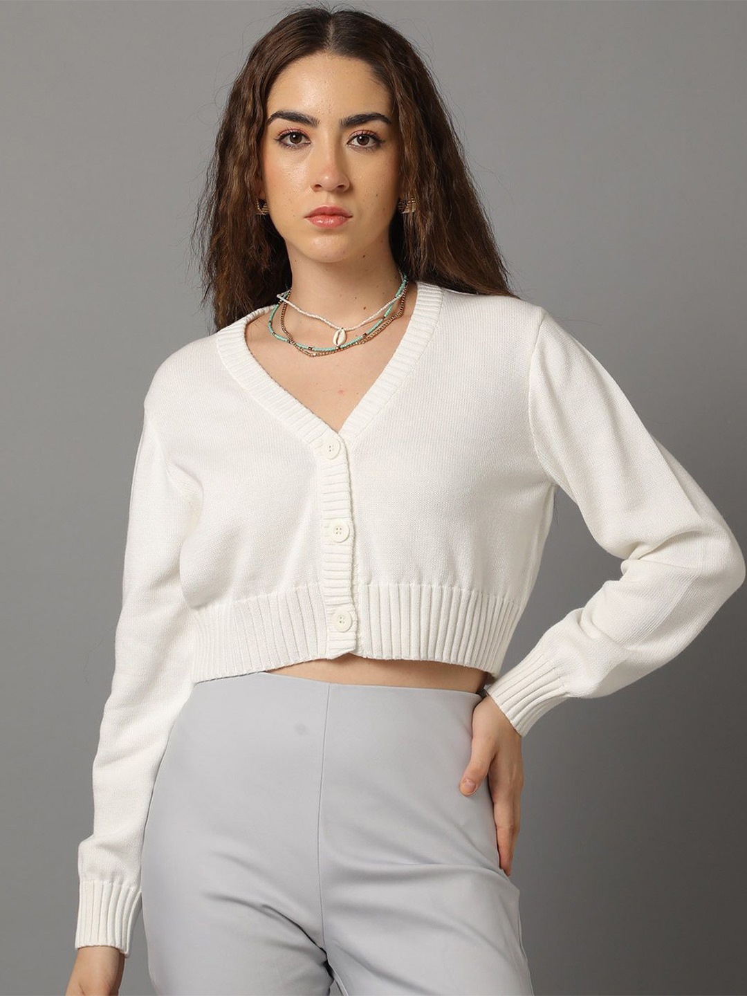 

Kotty Women V-Neck Cotton Crop Cardigan, White