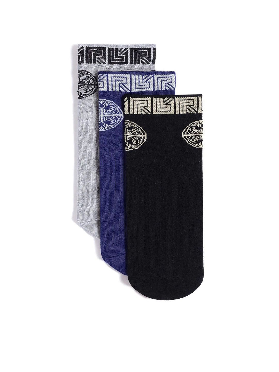 

RARE RABBIT Men Pack Of 3 Patterned Cotton Assorted Ankle-Length Socks, Grey