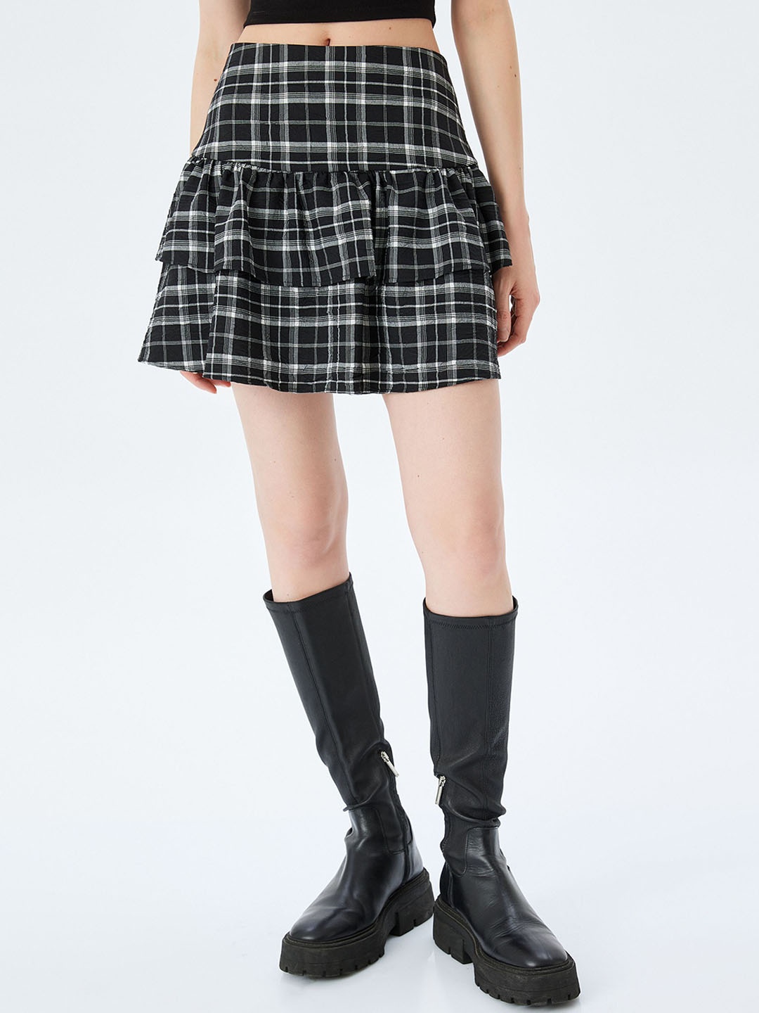 

Koton Women Checked Flared Mini Skirts, Black