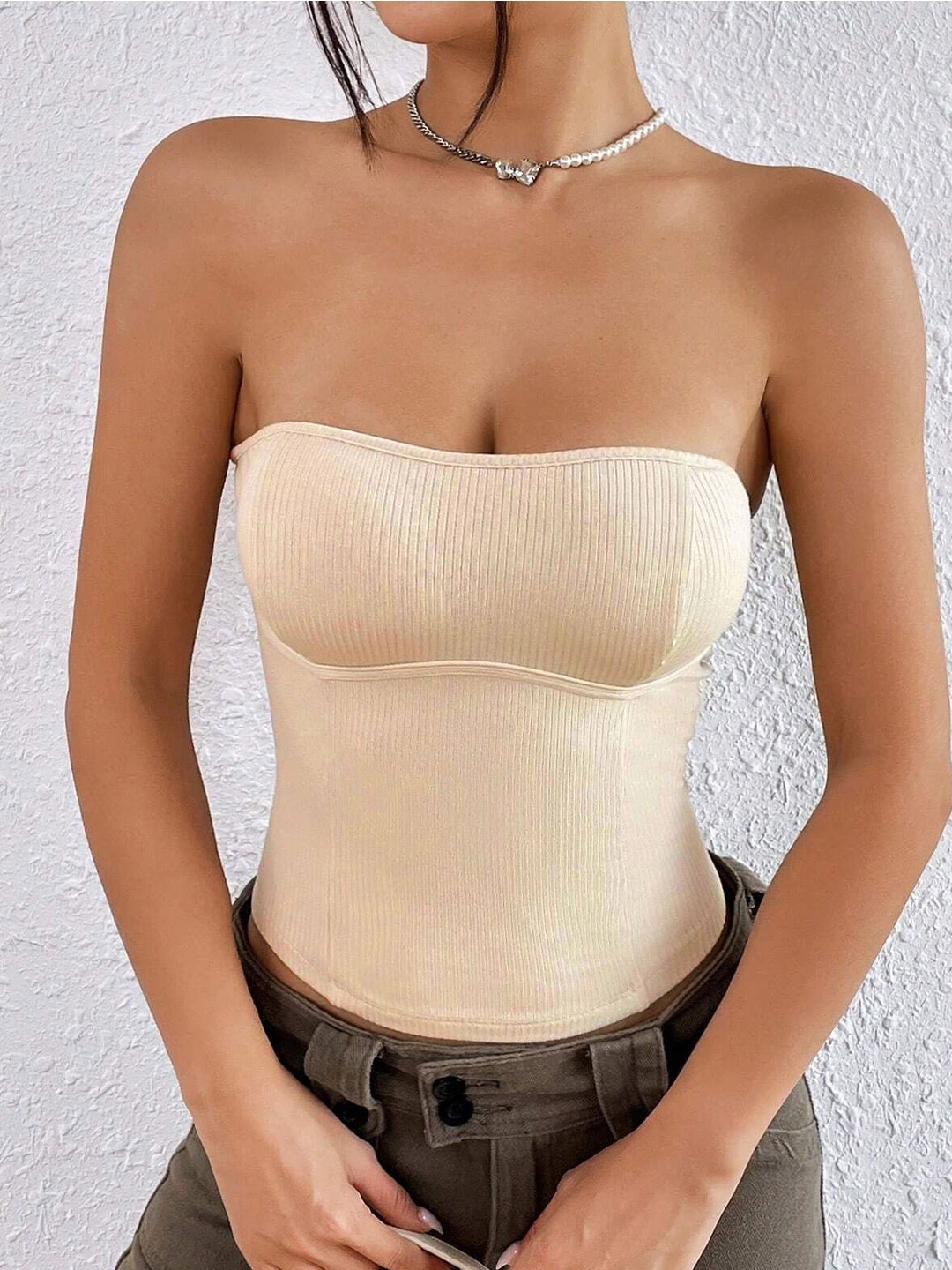 

DressBerry Women Strapless Tube Crop Top, Peach