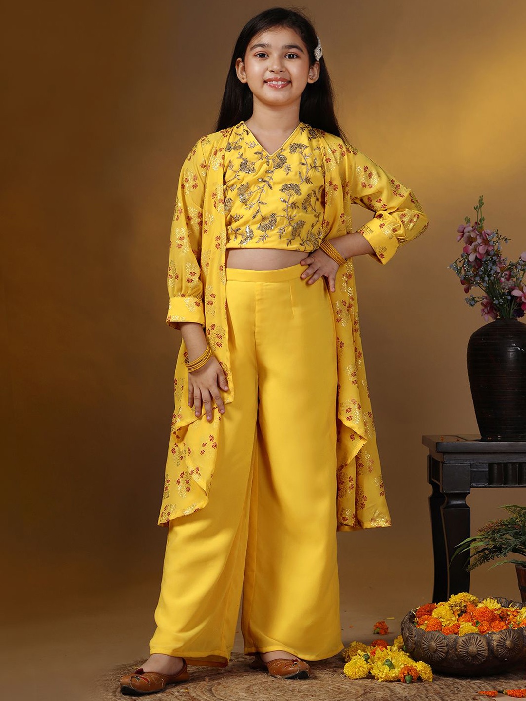 

BAESD Girls Floral Embroidered Regular Top with Palazzos, Yellow