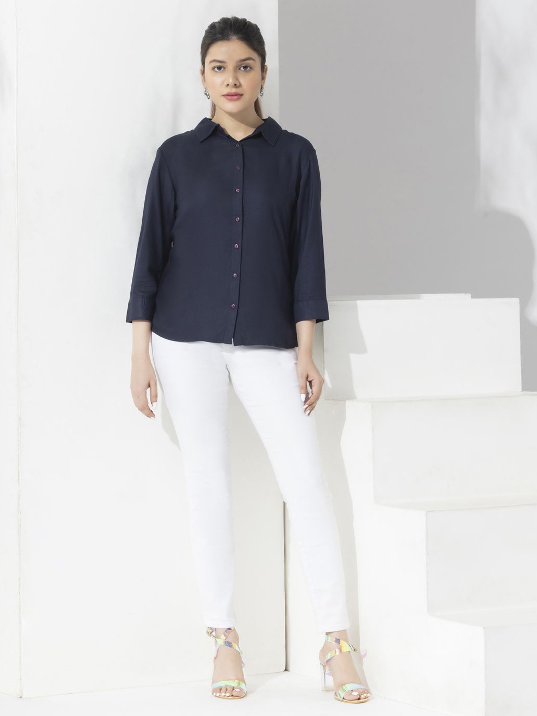 

Aumbe Women Spread Collar Solid Formal Shirt, Navy blue