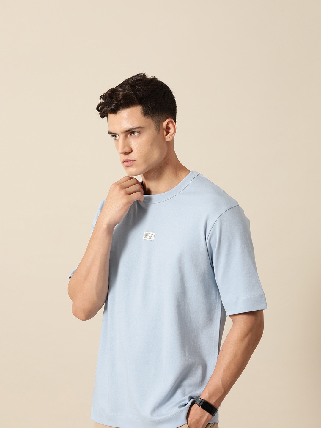 

Mr Bowerbird Solid Pure Cotton Casual Oversized T-shirt With Patchwork Detail, Blue