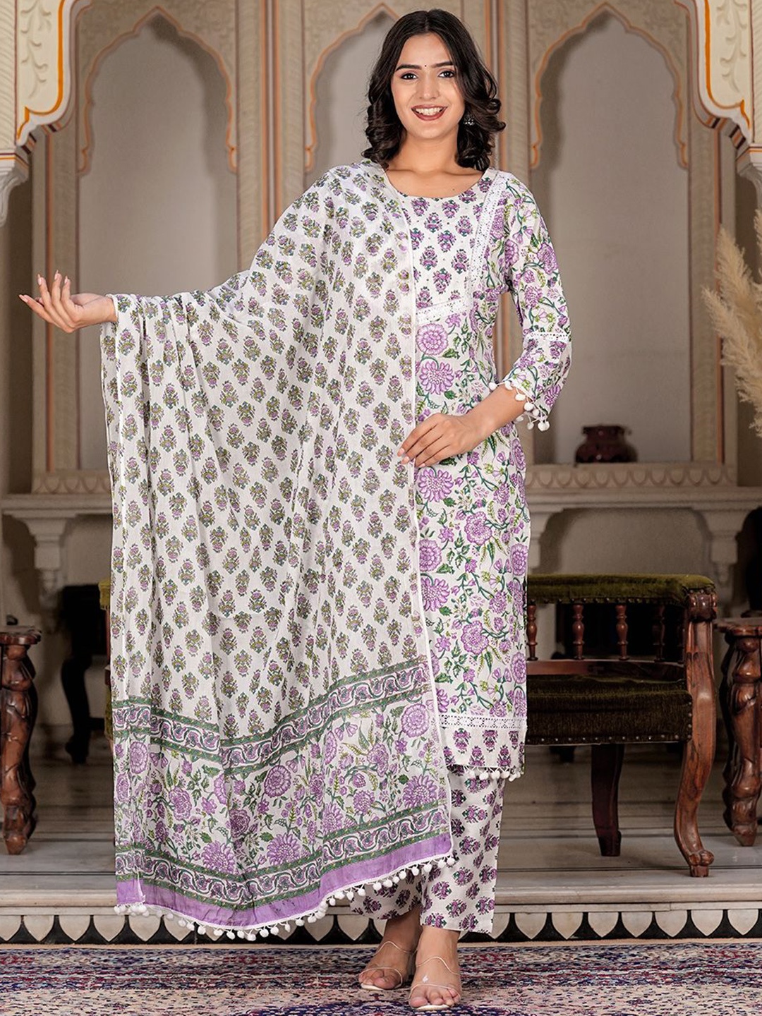 

ERISHA Women Floral Printed Regular Beads and Stones Pure Cotton Kurta with Trousers & With Dupatta, White