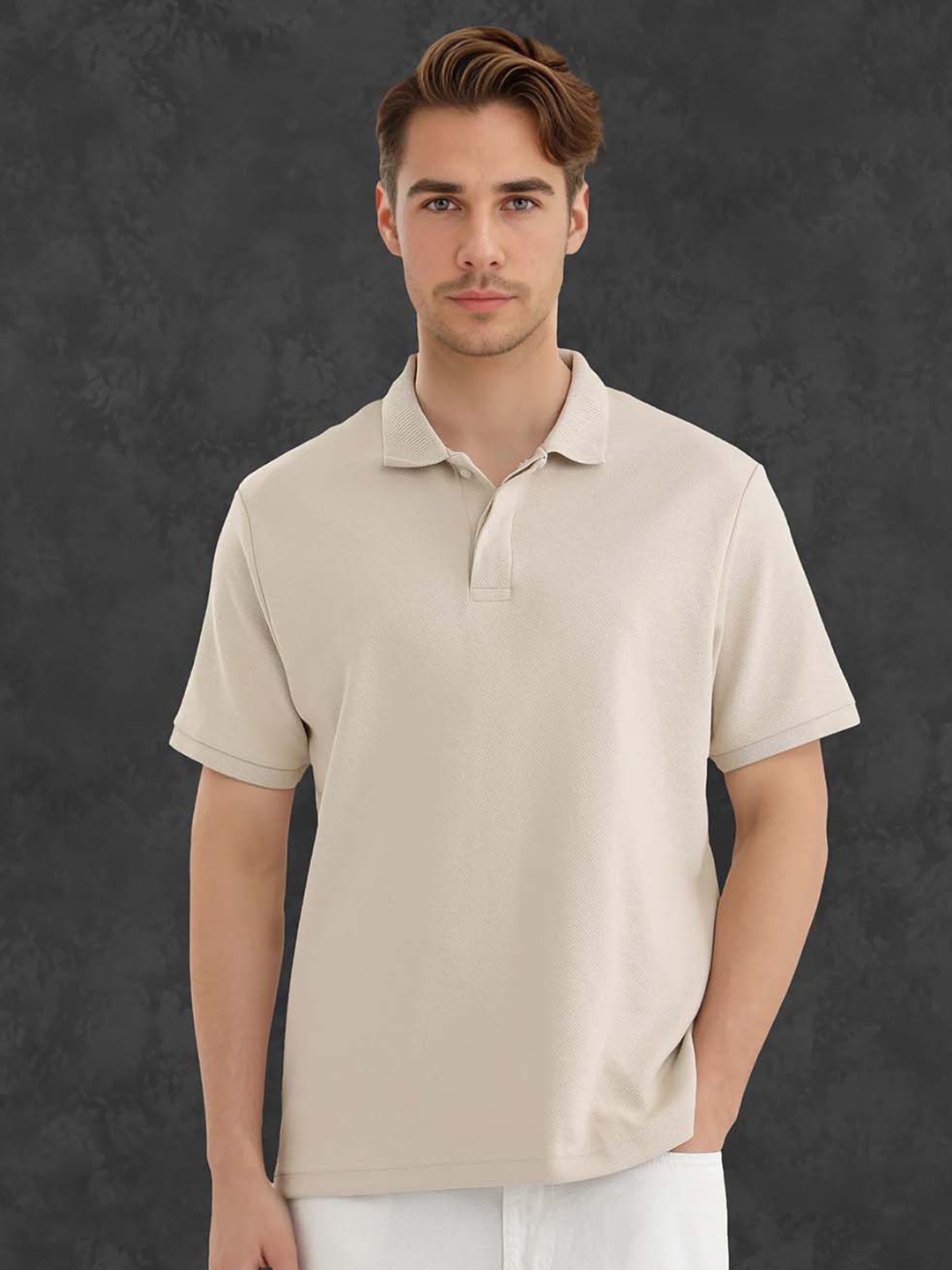 

RARE RABBIT Men Solid Polo Collar Cotton Oversized T-shirt, Cream