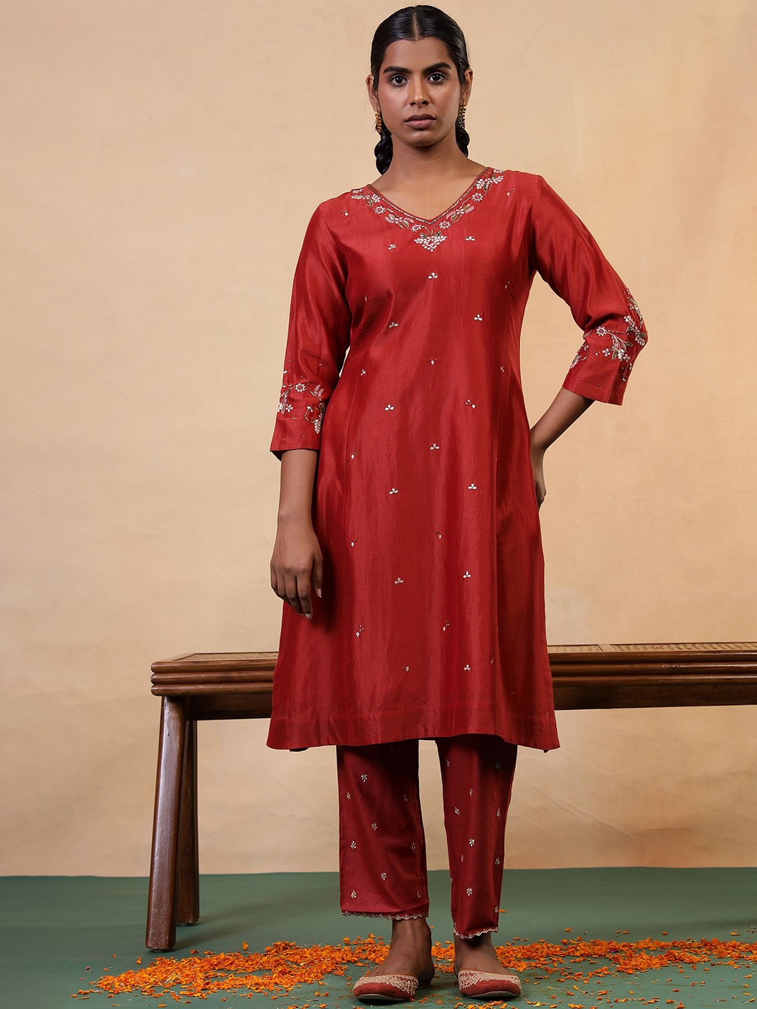 

Folk Song Women Geometric Embroidered Gotta Patti Kurta, Rust