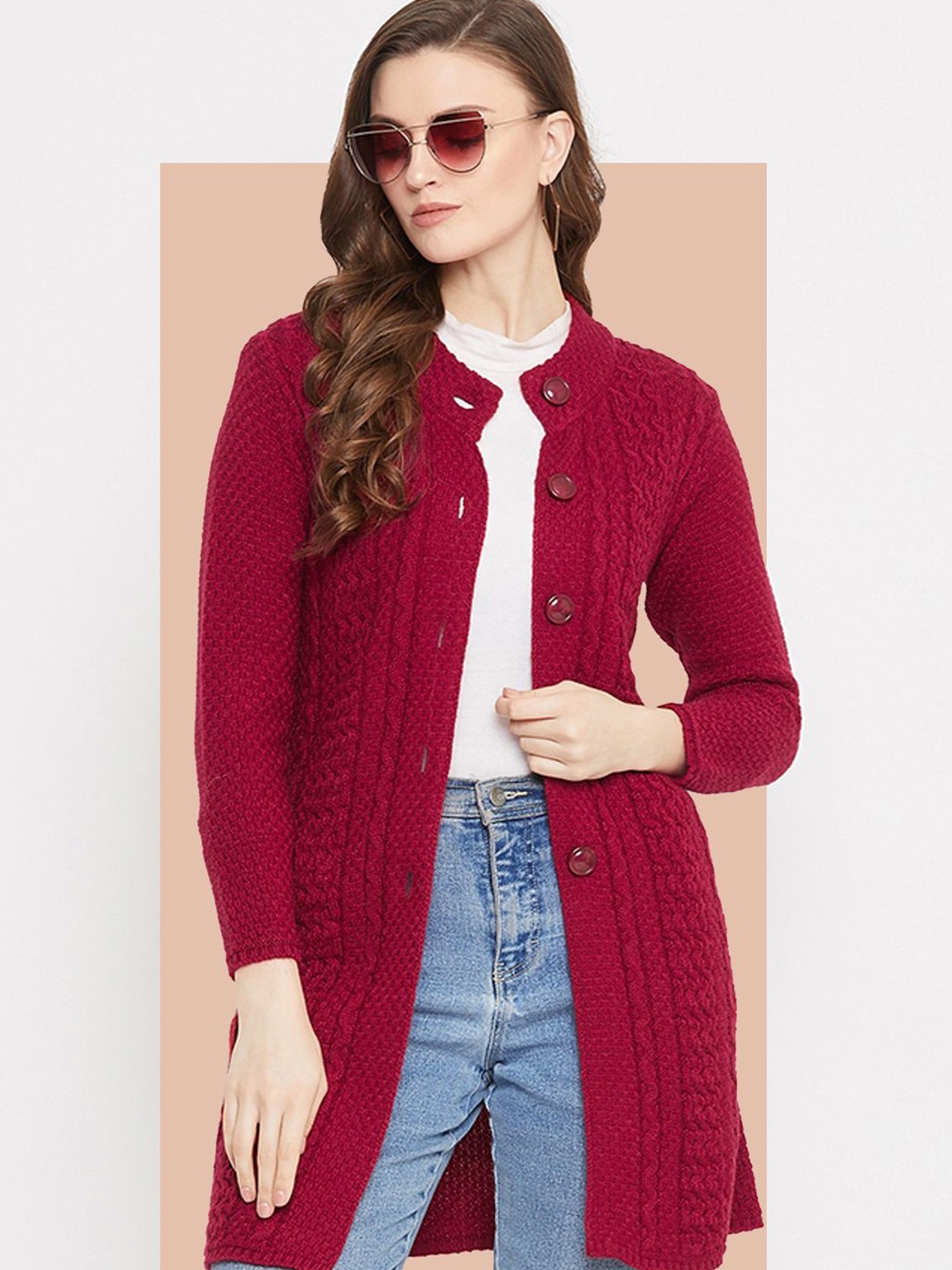 

Zigo Women Self Design Woollen Longline Cardigan, Maroon