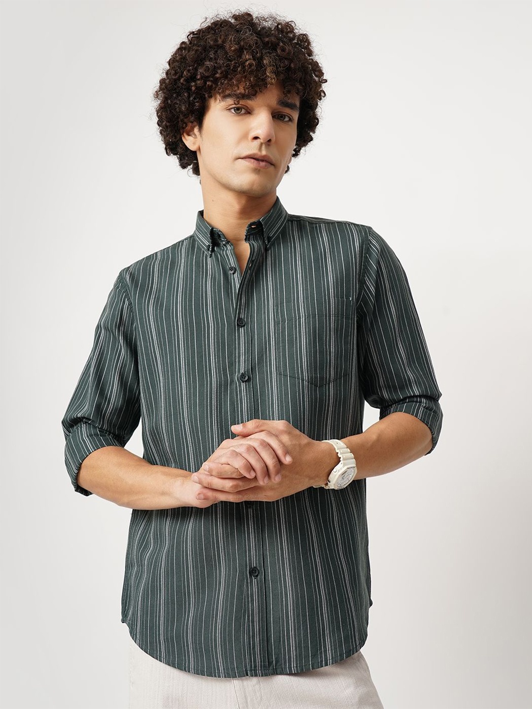 

British Club Men Comfort Button-Down Collar Vertical Striped Cotton Casual Shirt, Green