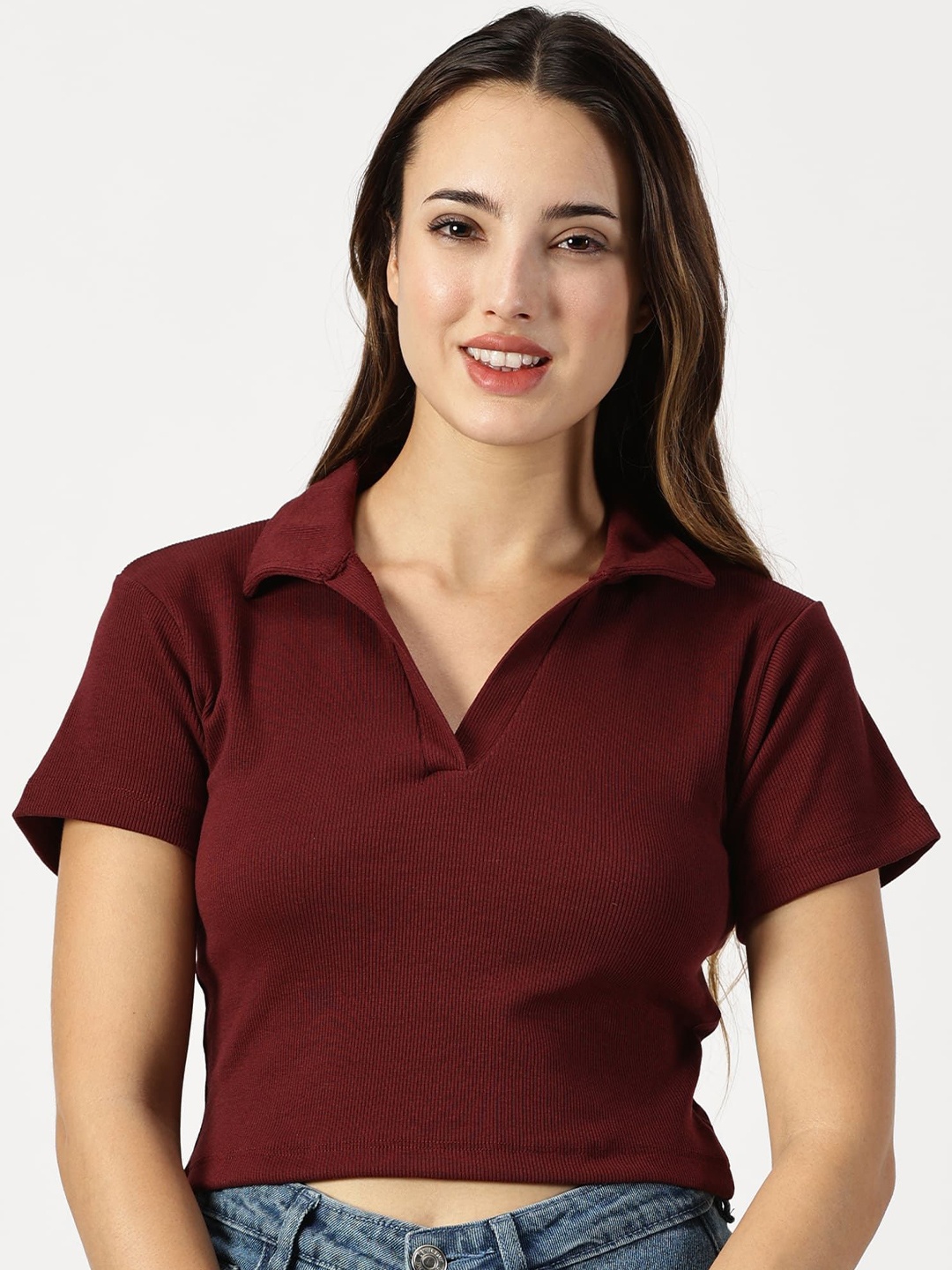 

RAVINIK Women Shirt Collar Crop Top, Maroon