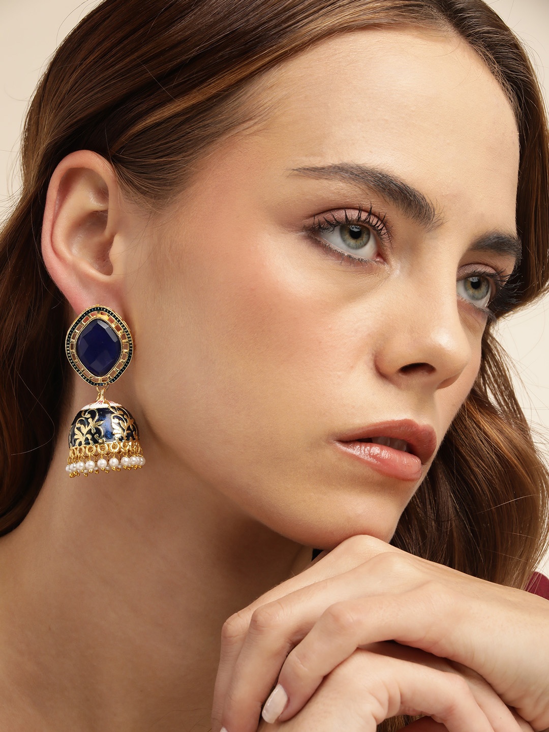 

Anouk Gold-Plated Beaded Dome Shaped Jhumkas, Navy blue