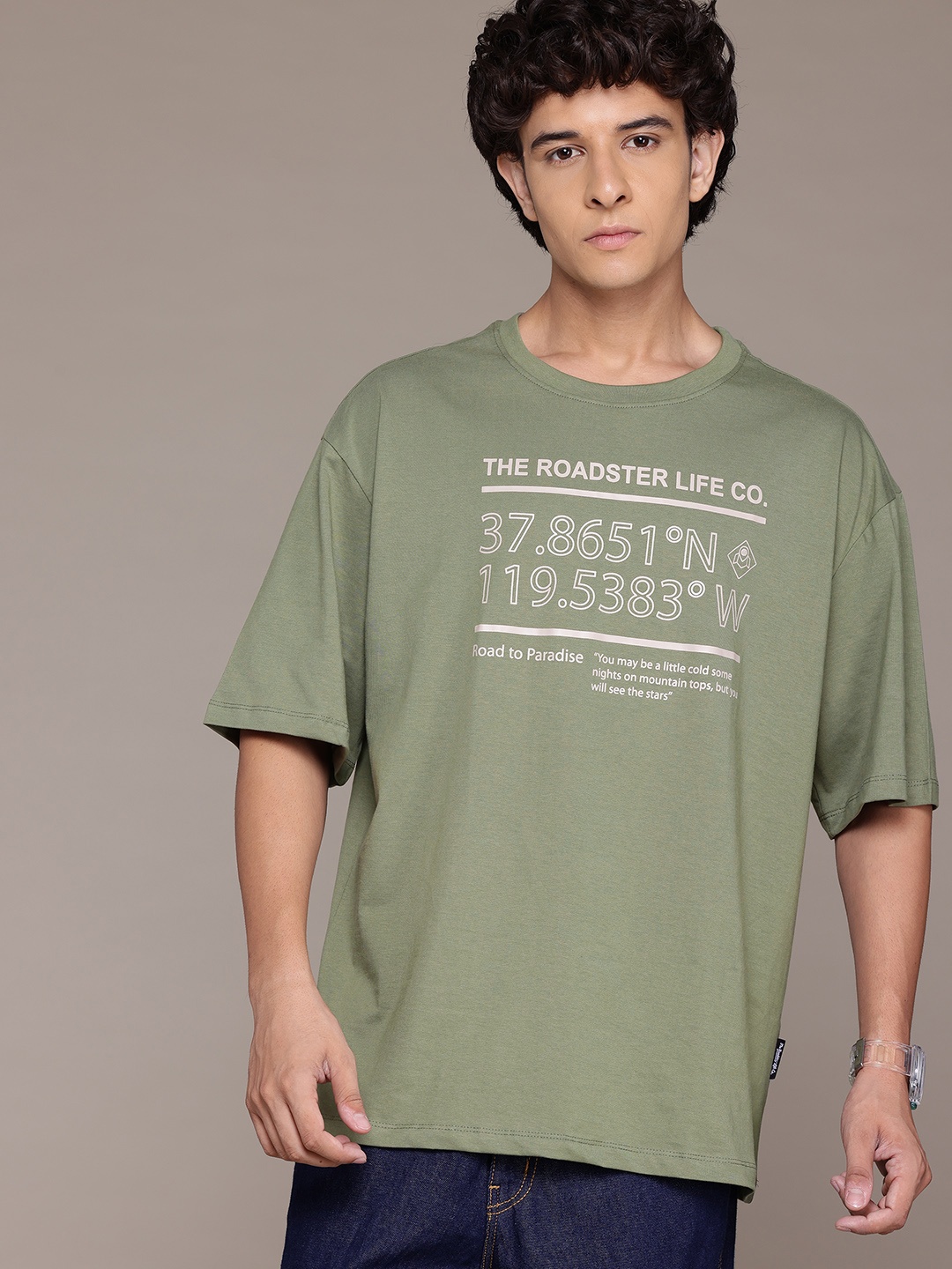 

The Roadster Lifestyle Co. Printed Relaxed Fit Pure Cotton T-shirt, Olive