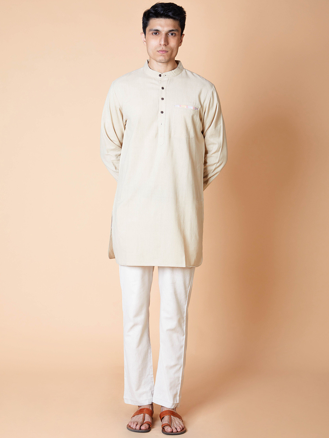 

Ekmatra Men Dyed Thread Work Khadi Handloom Kurta, Beige