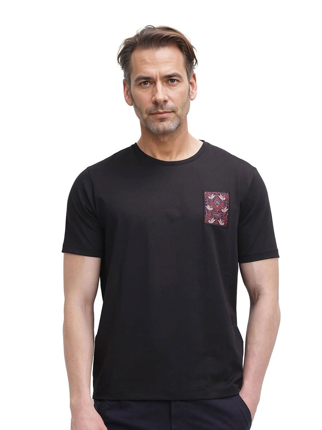 

RARE RABBIT Men Solid Round Neck Cotton T-shirt, Black