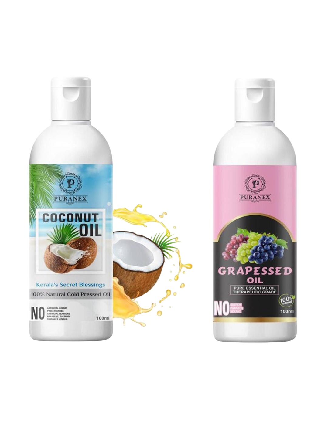 

Puranex Set Of 2 Coconut & Grapeseed Oil For Hair & Skin - 100 ml Each, Transparent