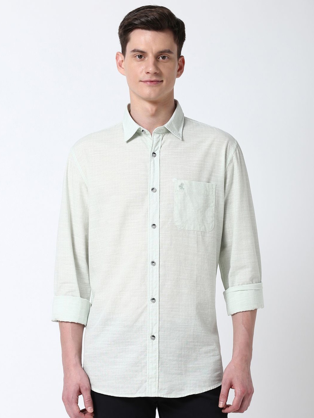 

Peter England Casuals Men Spread Collar Solid Cotton Slim Fit Casual Shirt, Green