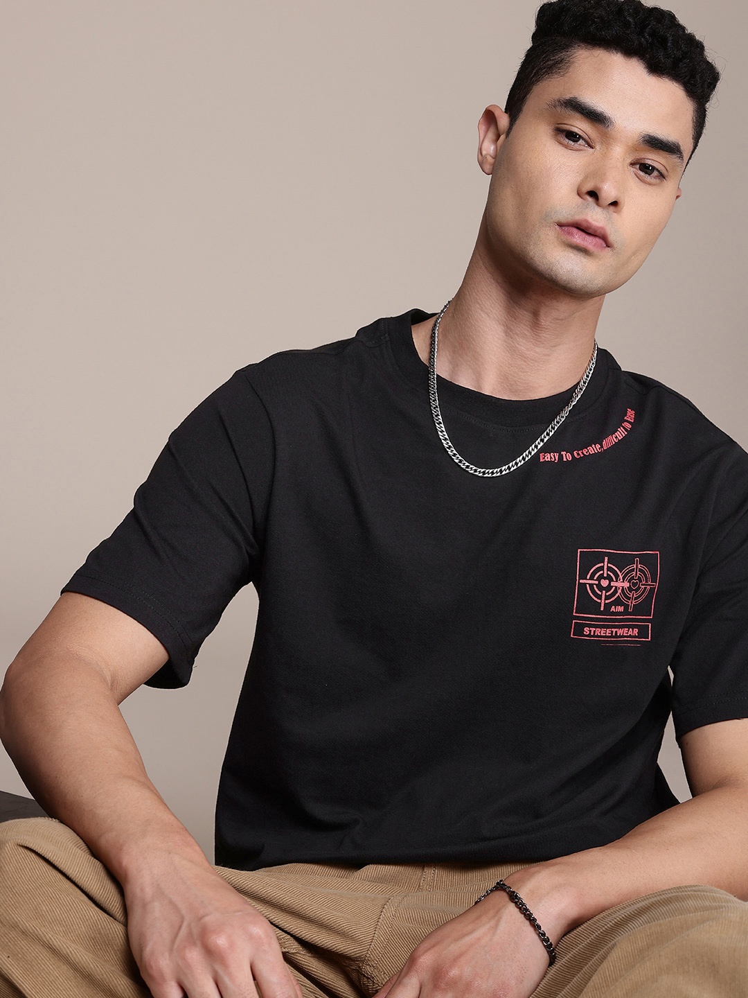 

The Roadster Life Co. Typography Printed Drop-Shoulder Sleeves Oversized T-shirt, Black