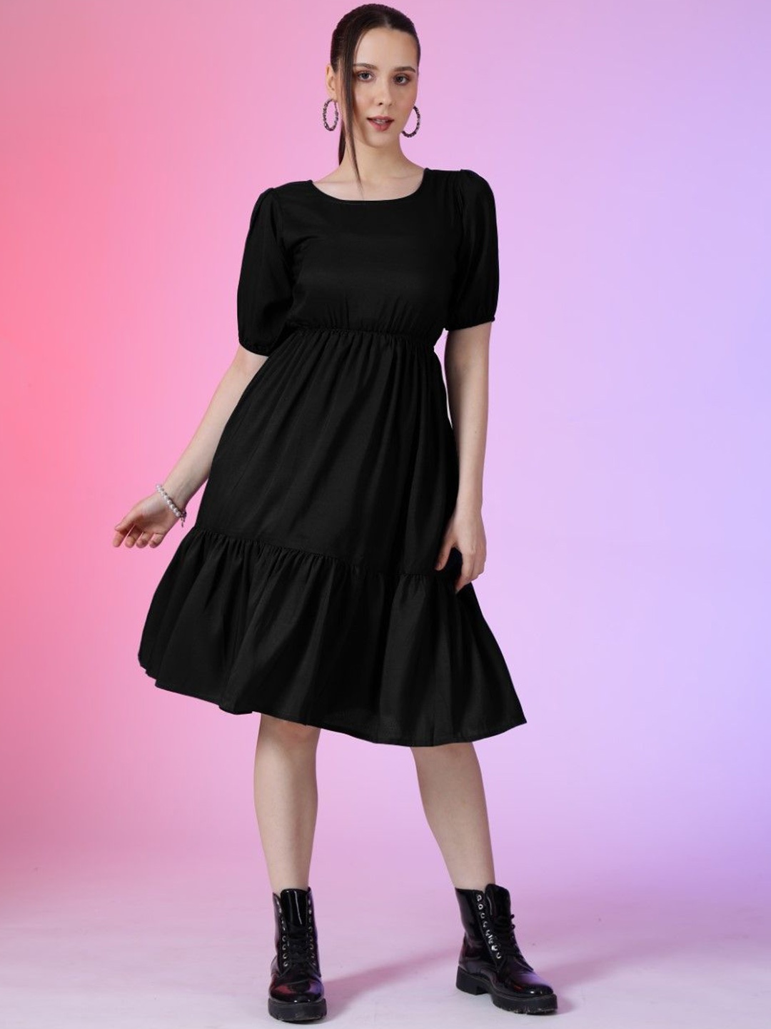 

Femvy Women Puff Sleeves Fit & Flare Dress, Black