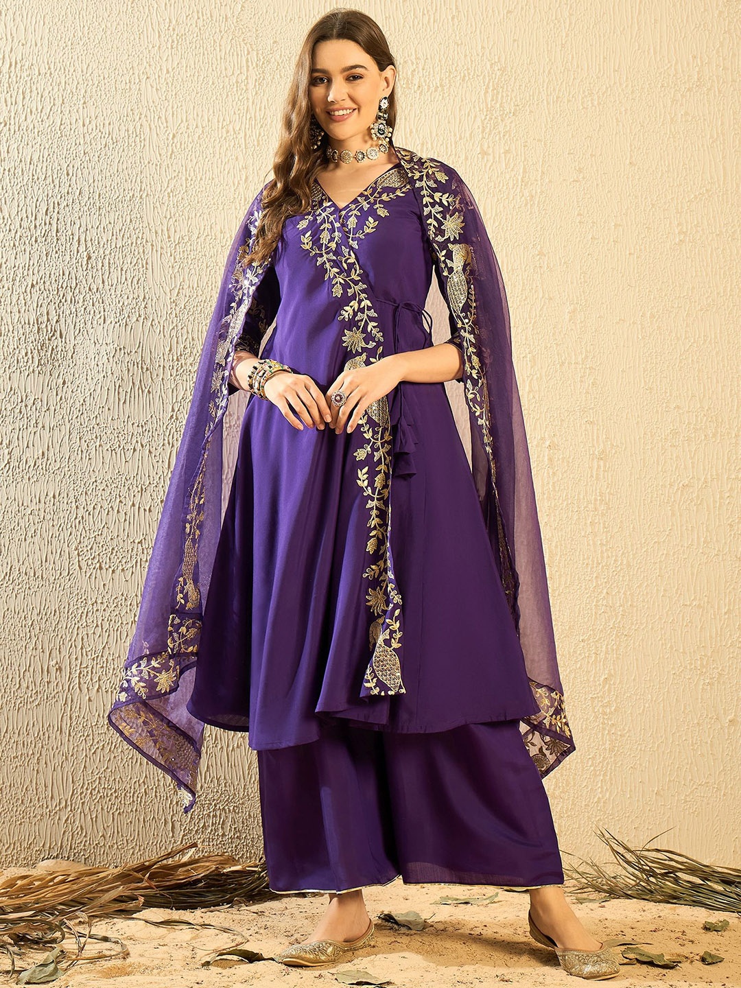 

SERONA FABRICS Women Floral Embroidered Angrakha Sequinned Kurta with Palazzos & With Dupatta, Purple