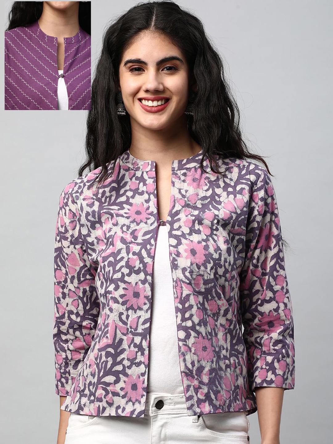 

KAMI KUBI Women Floral Reversible Open Front Jacket, Purple