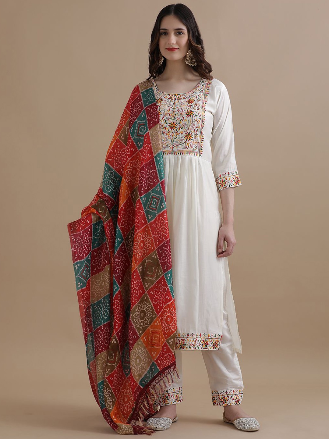 

Jaipur Kurti Women Ethnic Motifs Embroidered Regular Thread Work Chanderi Cotton Kurta with Trousers & With, White