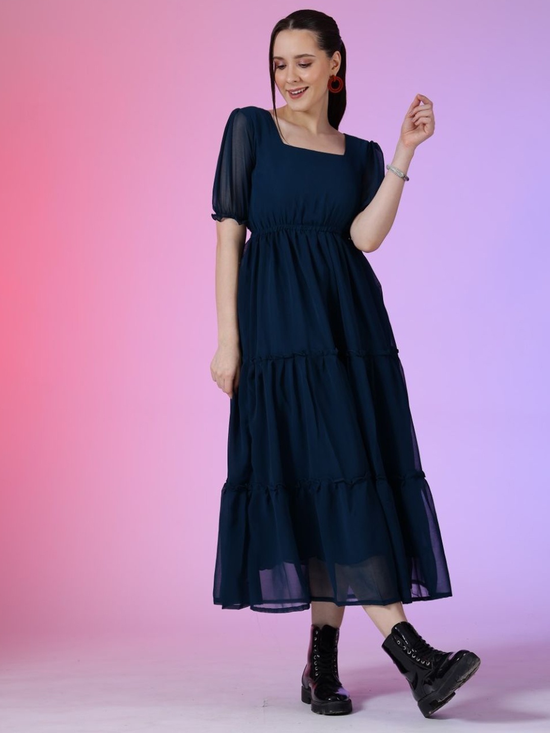 

Raiyani Enterprise Women Puff Sleeve Tiered Fit & Flare Maxi Dress, Blue
