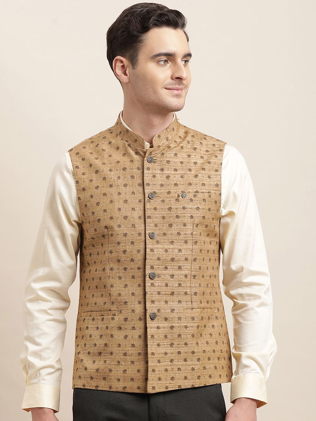 

Turtle Printed Tailored Fit Nehru Jacket, Brown