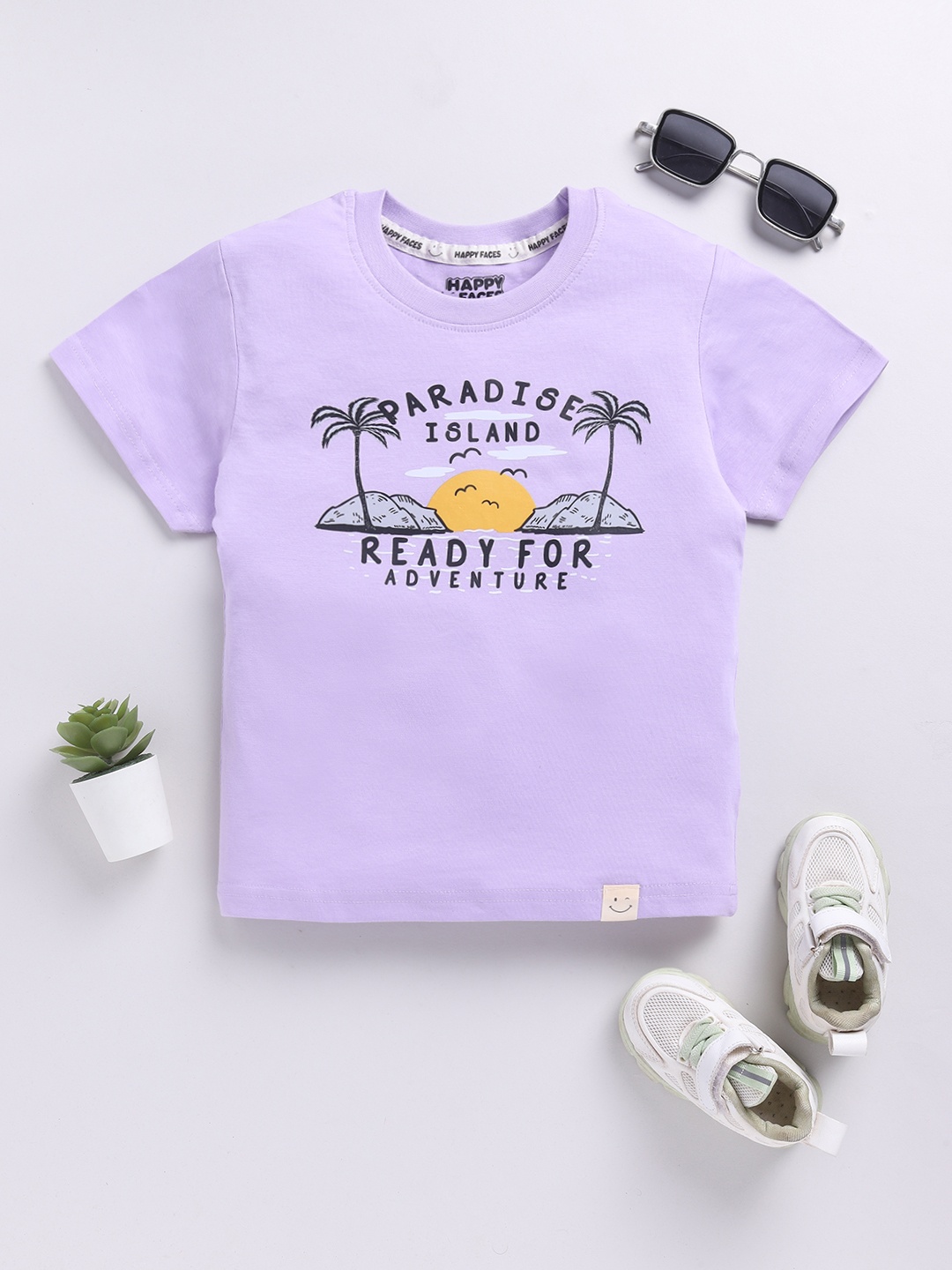 

Happy Faces Boys Pure Cotton Typography & Graphic Printed T-shirt, Lavender