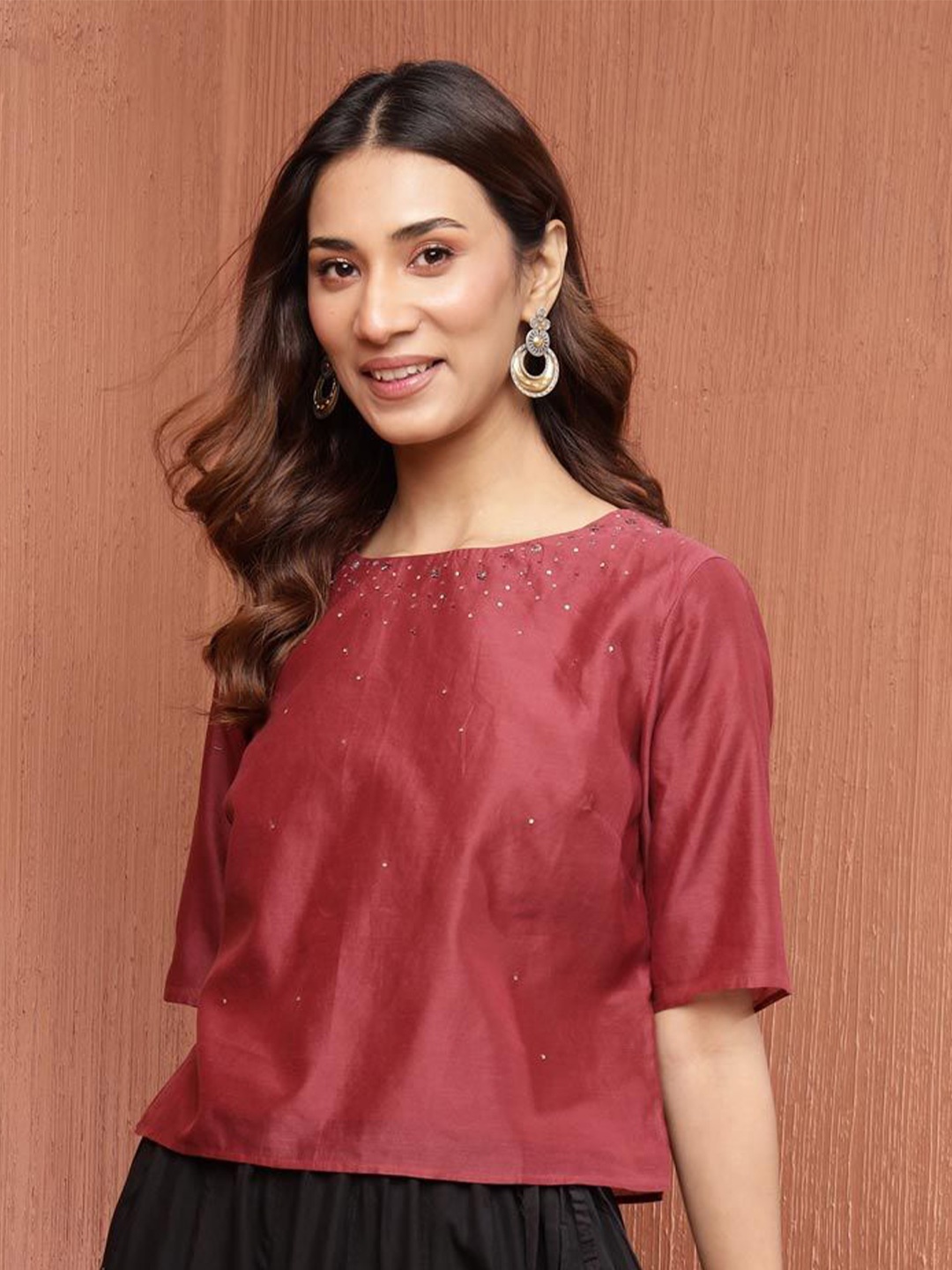 

Fabindia Women Cotton Embroidered Crop Top, Red
