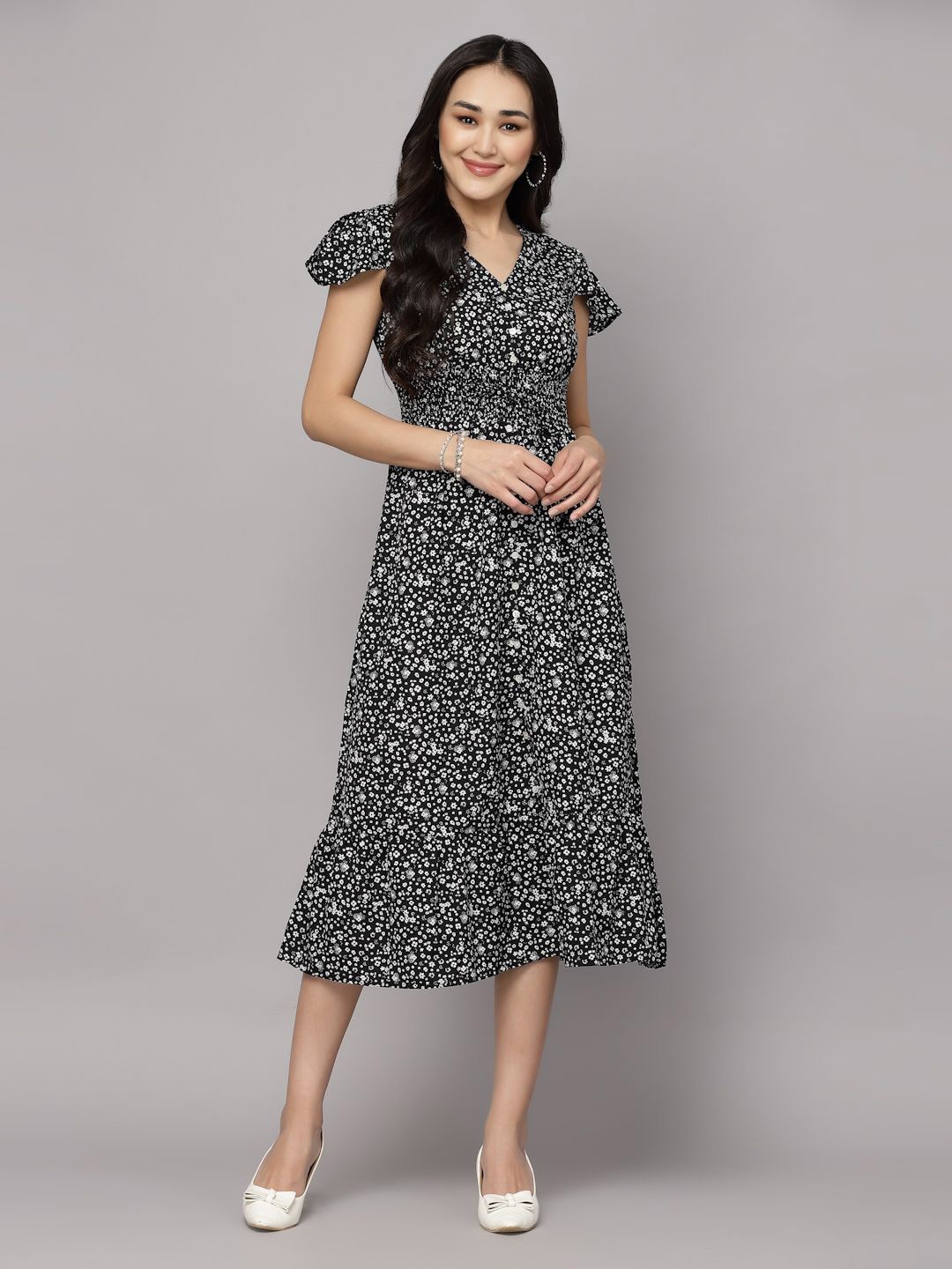 

BAESD Women Floral Printed Fit and Flare Midi Dress, Black