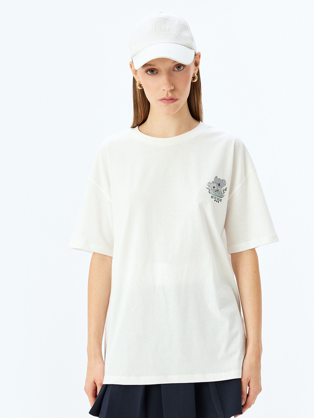 

Koton Women Graphic Printed Round Neck Cotton Relaxed Fit T-shirt, White