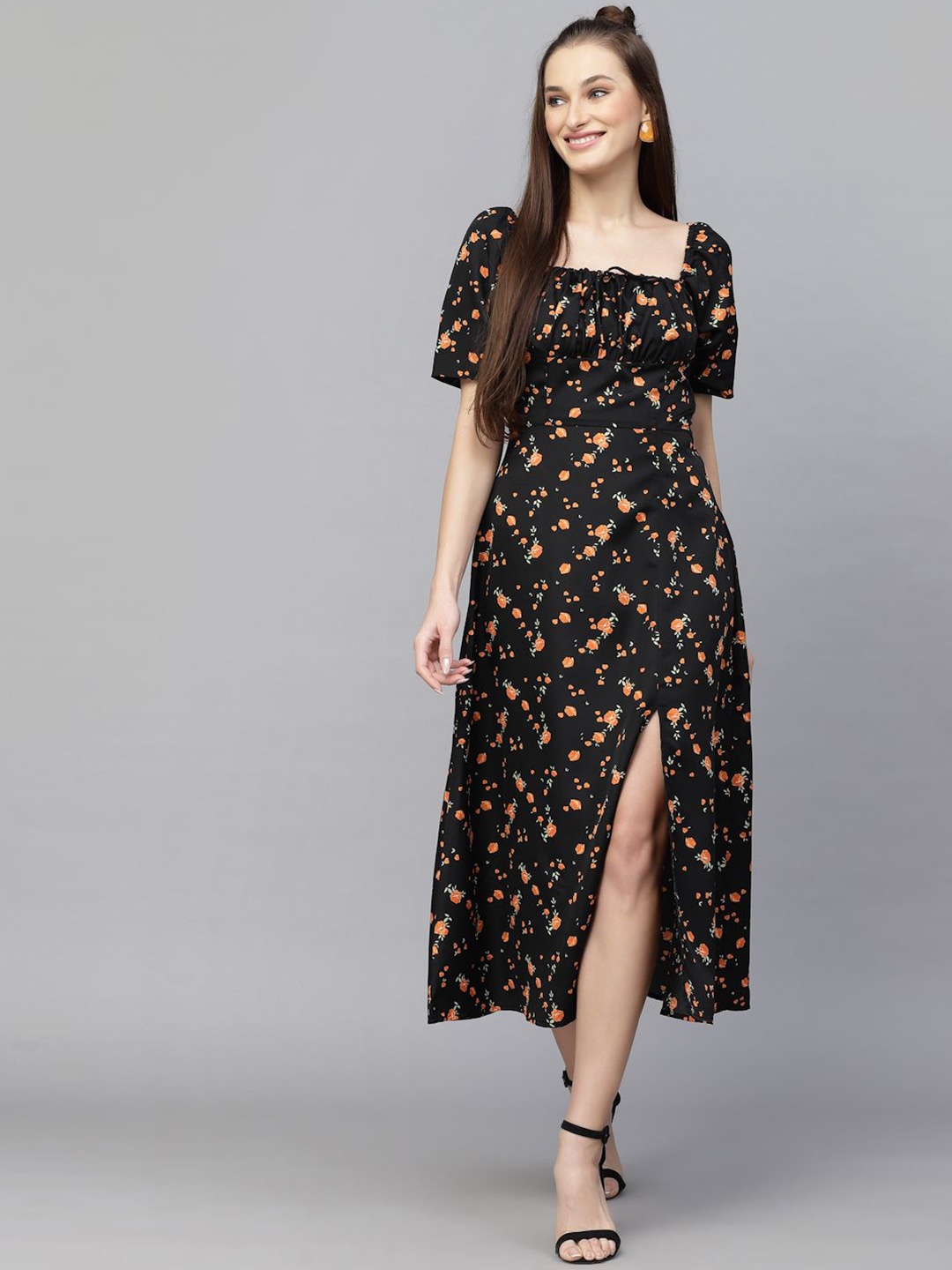 

BAESD Floral Printed Square Neck Puff Sleeve A-Line Midi Dress With Front Slit, Orange