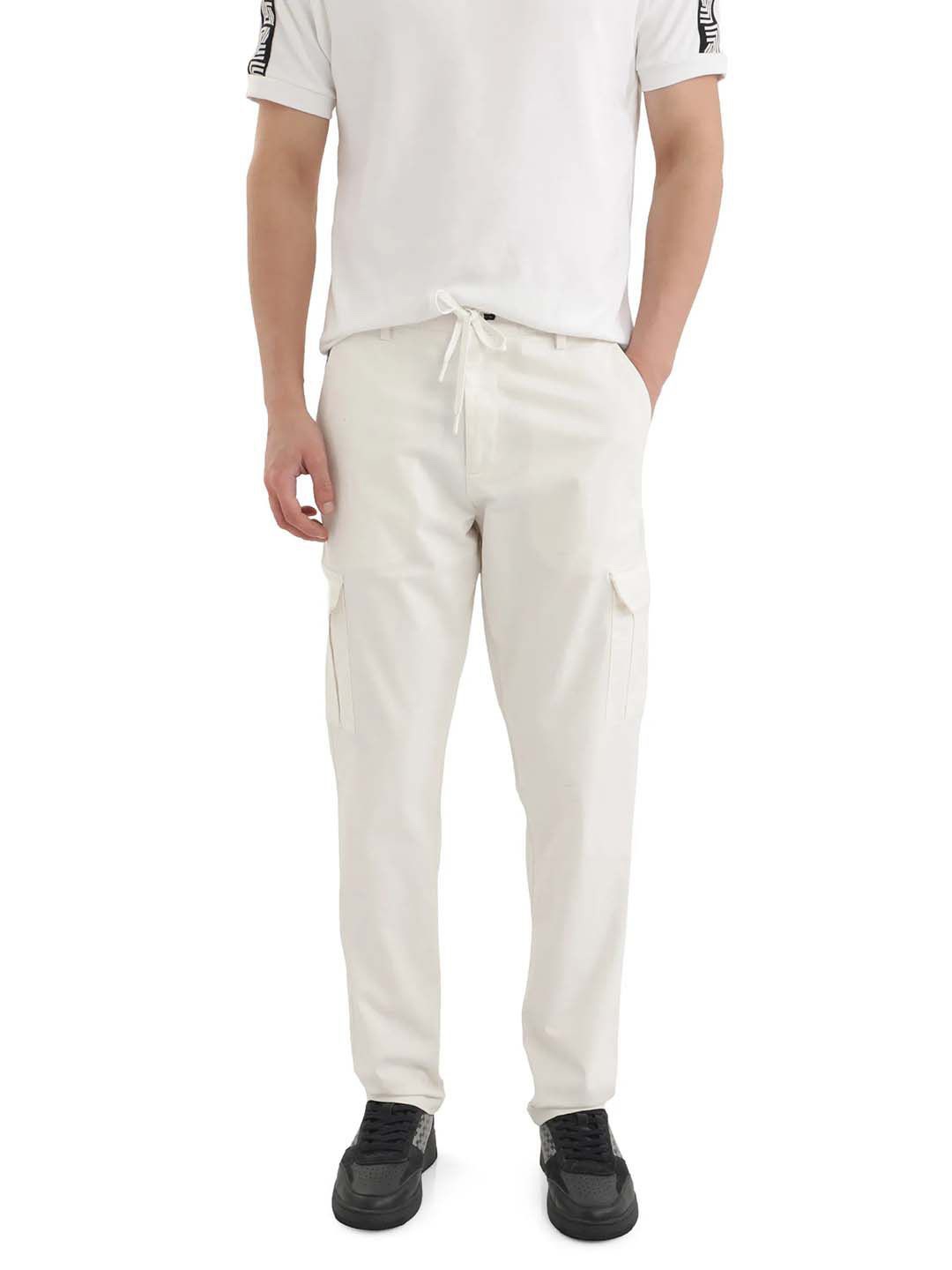 

RARE RABBIT Men Comfort Fit Mid-Rise Cotton Cargos Trousers, White