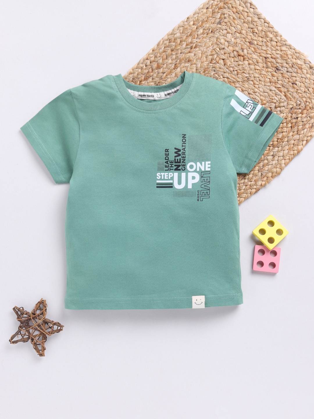 

Happy Faces Boys Pure Cotton Typography Printed T-shirt, Green