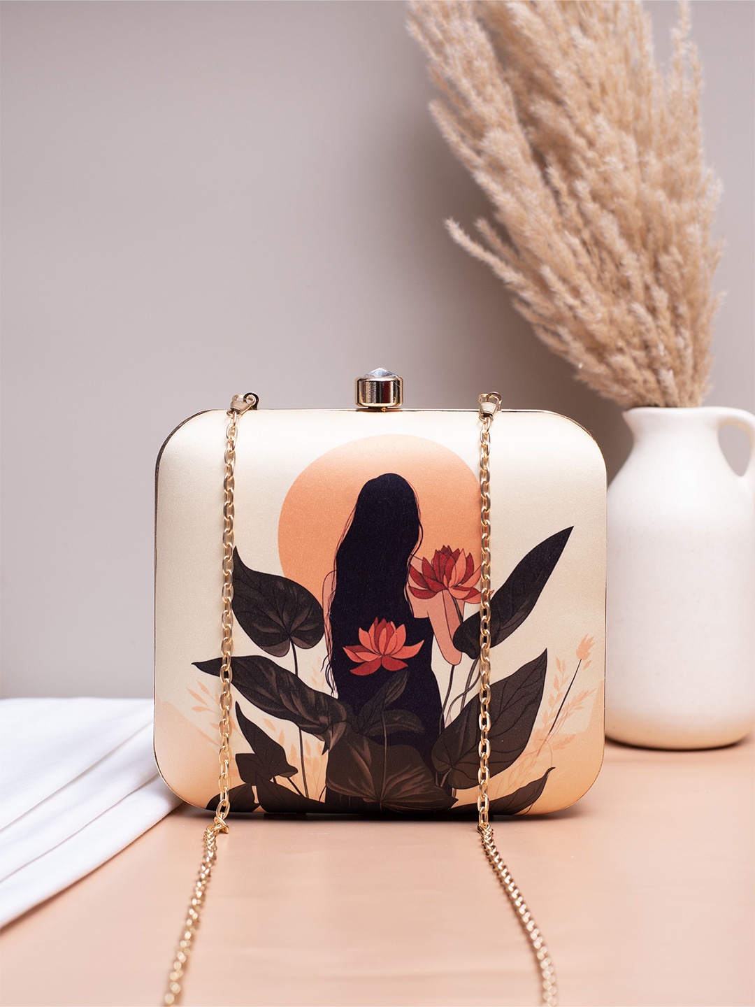 

ARTKLIM Printed Box Clutch, Beige