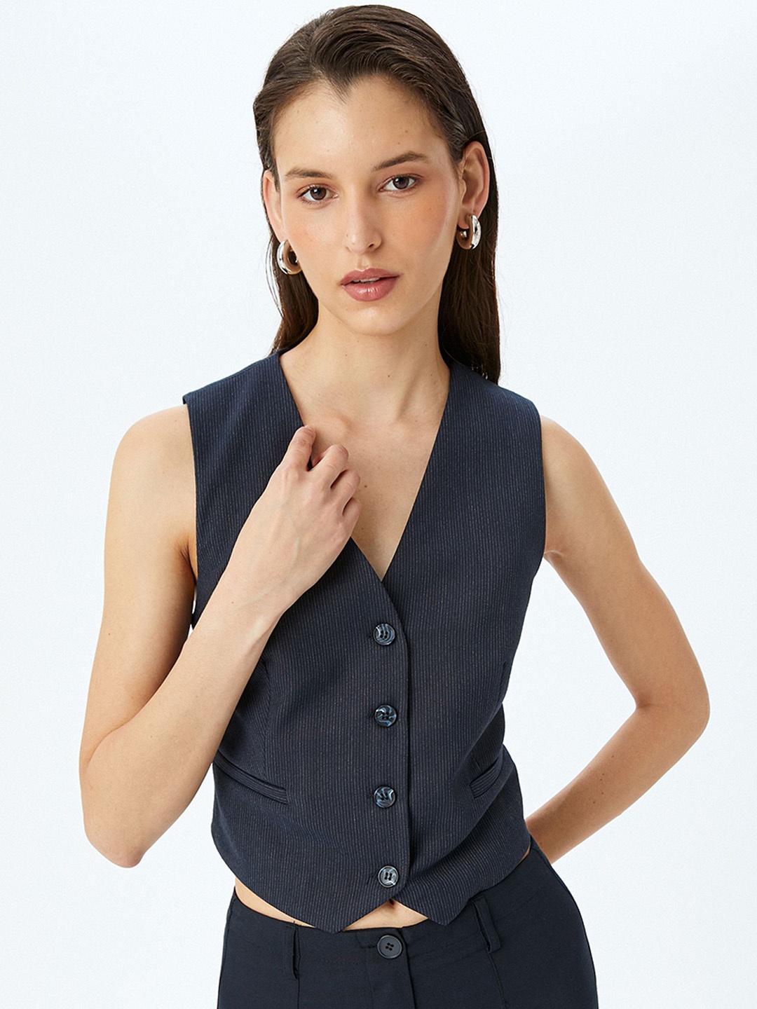 

Koton Women Striped Casual Waistcoat, Blue