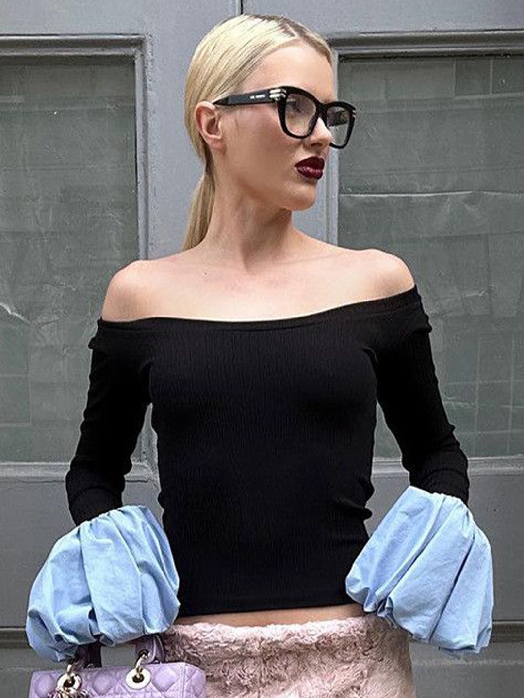 

DressBerry Women Off-Shoulder Bell Sleeve Bardot Crop Top, Black