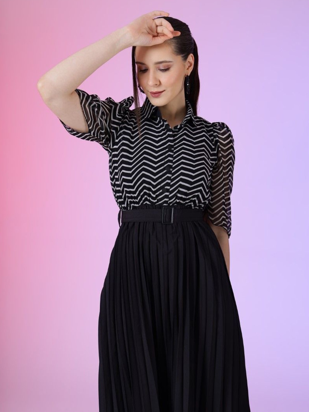 

Femvy Women Striped Fit & Flare Midi Dress, Black