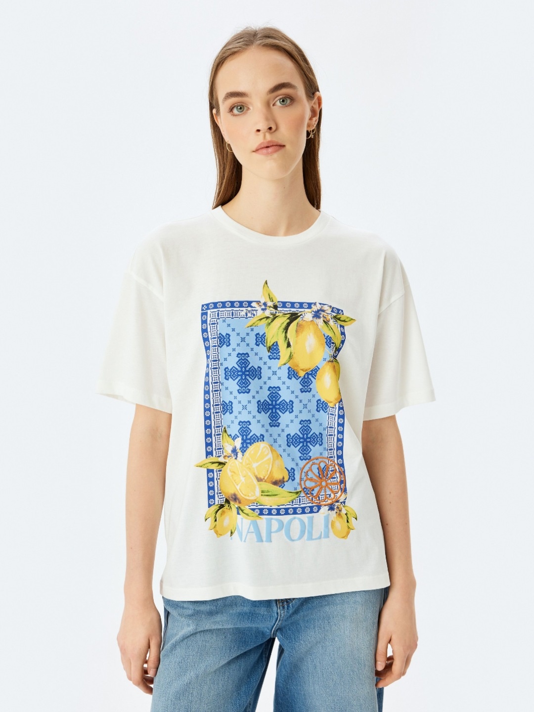 

Koton Women Graphic Printed Round Neck Cotton Oversized T-shirt, White