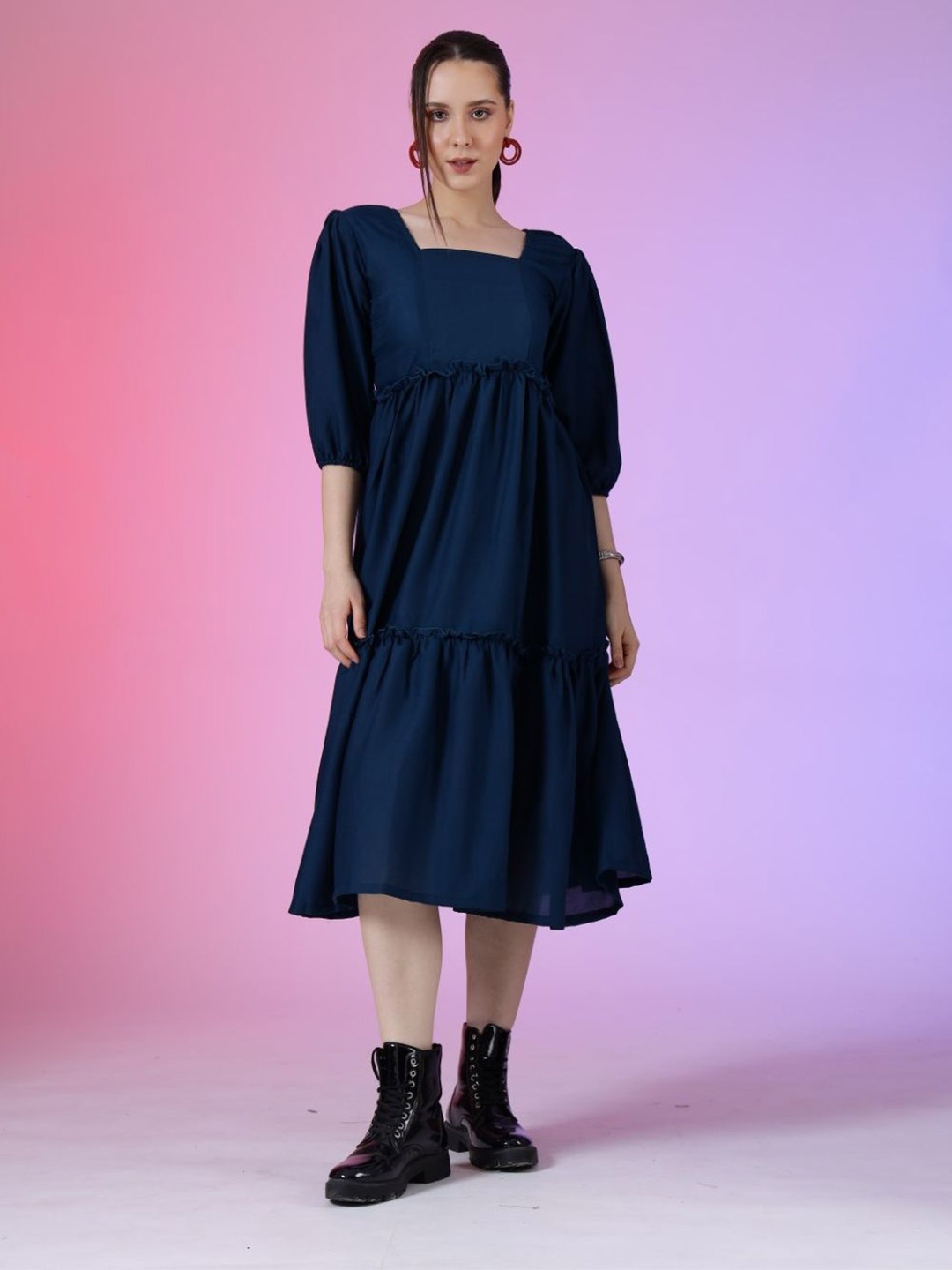 

Femvy Women Puff Sleeves Fit & Flare Midi Dress, Blue