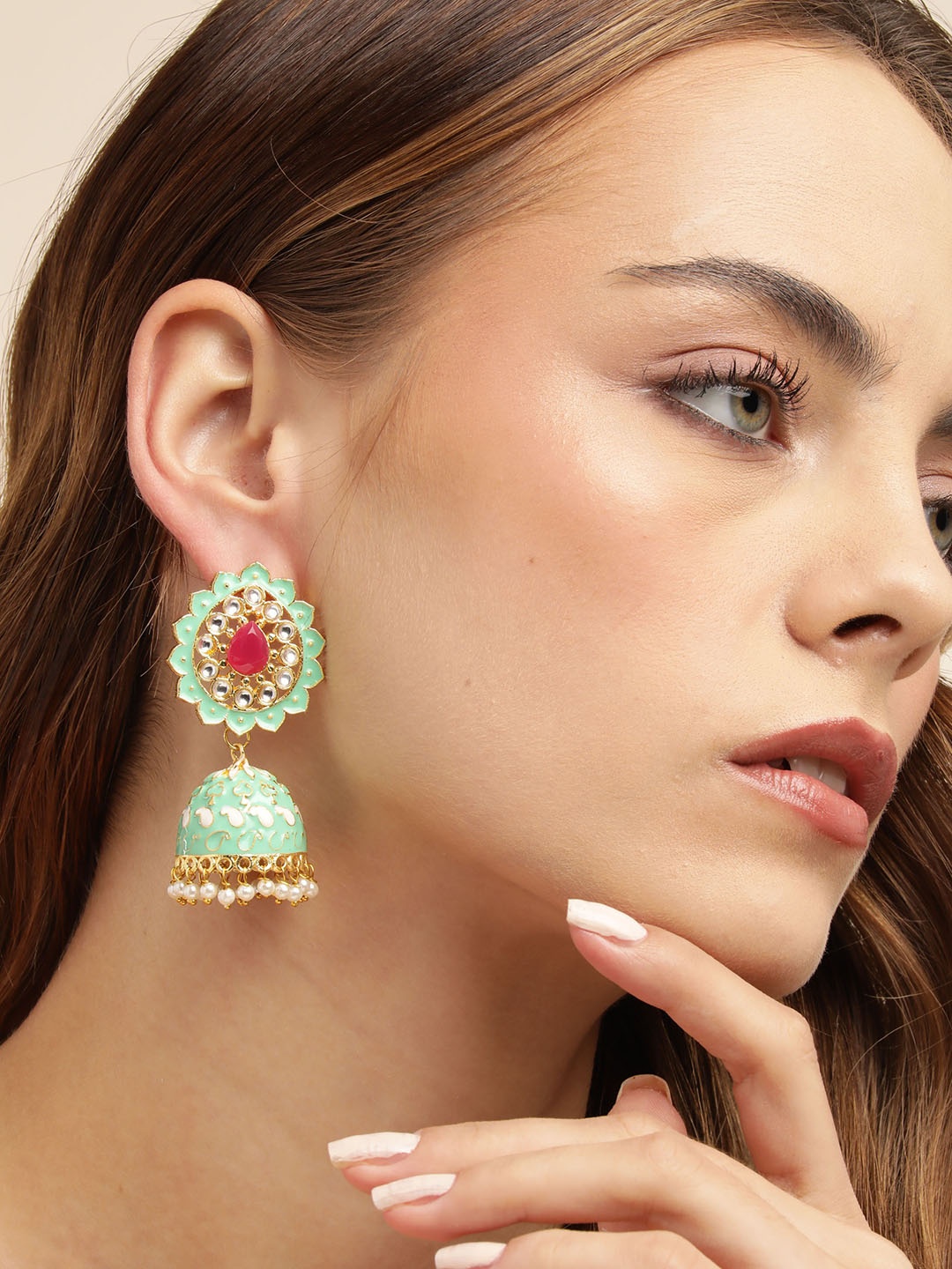 

Anouk Gold Plated Beaded Enamelled Dome Shaped Jhumkas Earrings, Sea green