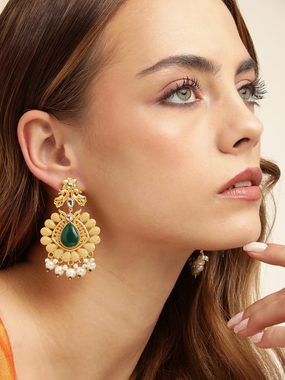 

Anouk Gold Plated Beaded Classic Drop Earrings with Peacock Design Detail, Green