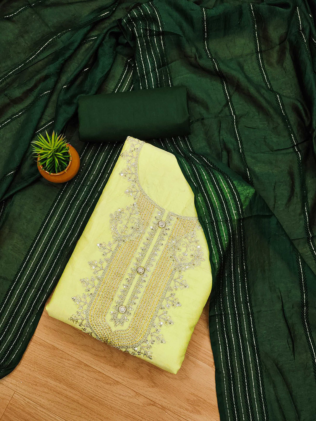 

KALINI Embroidered Viscose Rayon Unstitched Dress Material, Yellow